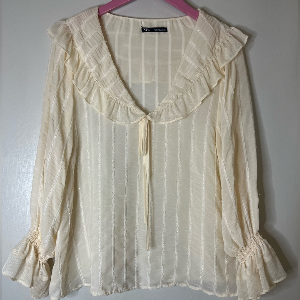 Zara medium bundle green collared sweater white cotton eyelet top ivory Blouse - Picture 12 of 16